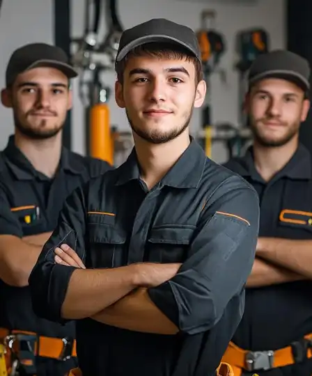 Tres técnicos expertos de Mantenicentro vistiendo uniformes azules profesionales con herramientas de seguridad, preparados para servicios de mantenimiento en Cartagena.