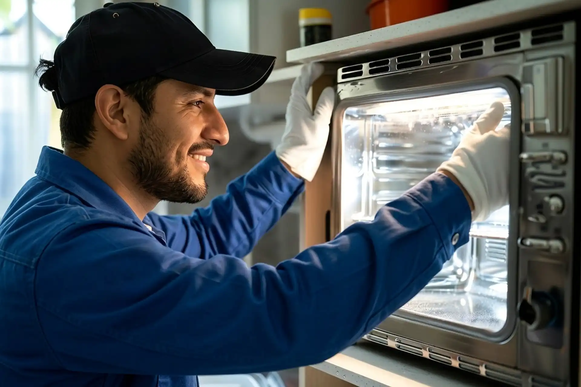 Técnico colombiano de ManteniCentro con uniforme oficial reparando un horno eléctrico empotrado en un servicio de mantenimiento residencial en Cartagena.